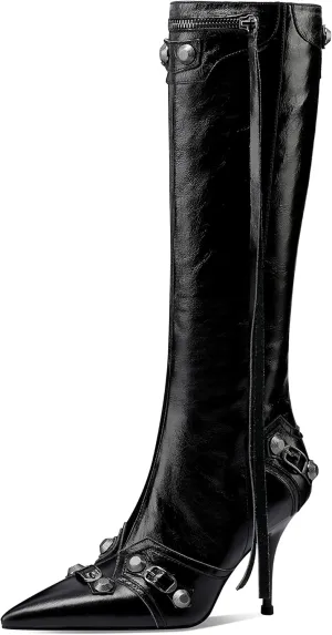 keleimusi Metal Studs Knee High Boots for Women Pointed Toe Heeled Ruffle Leather Shoes