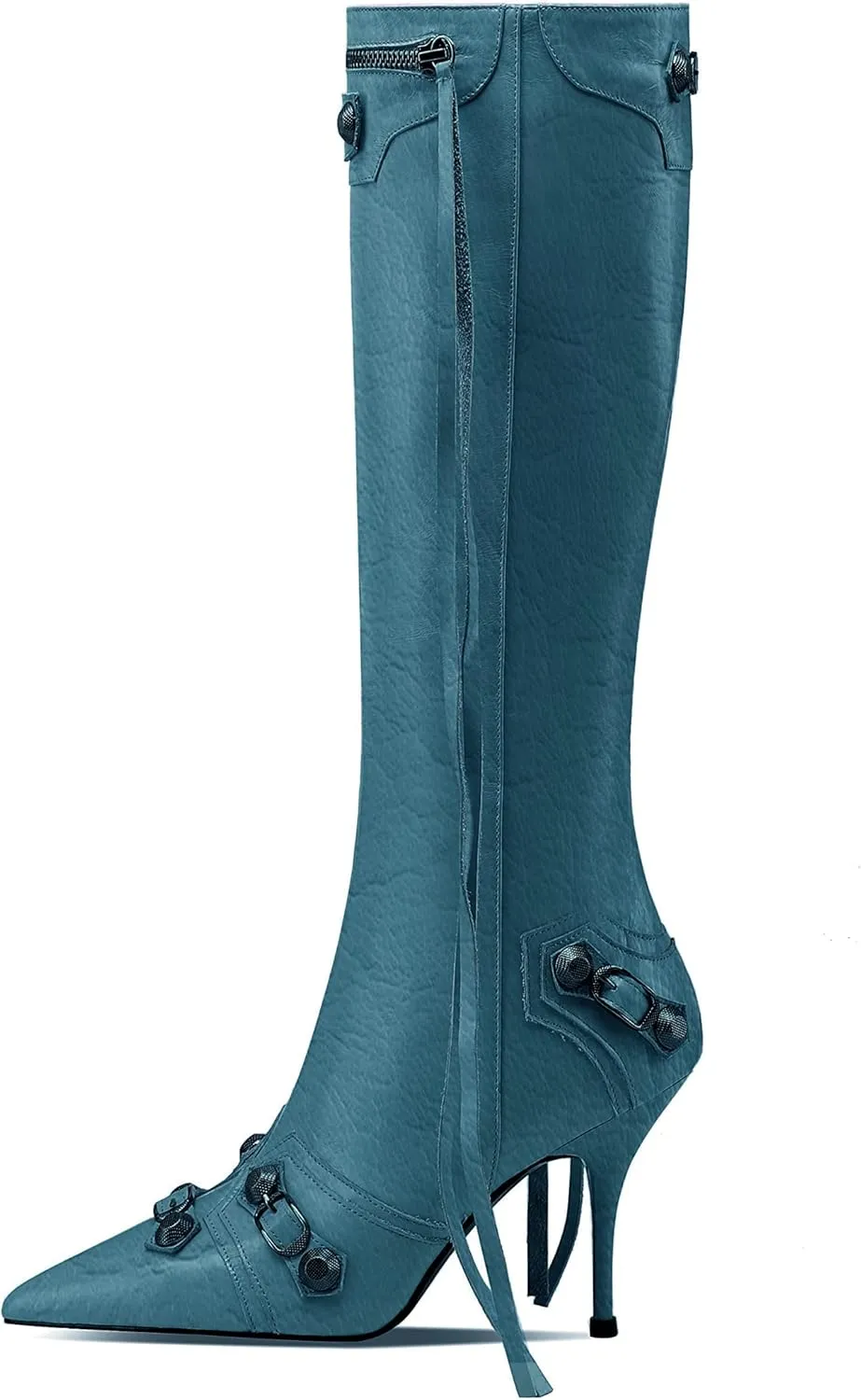 keleimusi Metal Studs Knee High Boots for Women Pointed Toe Heeled Ruffle Leather Shoes