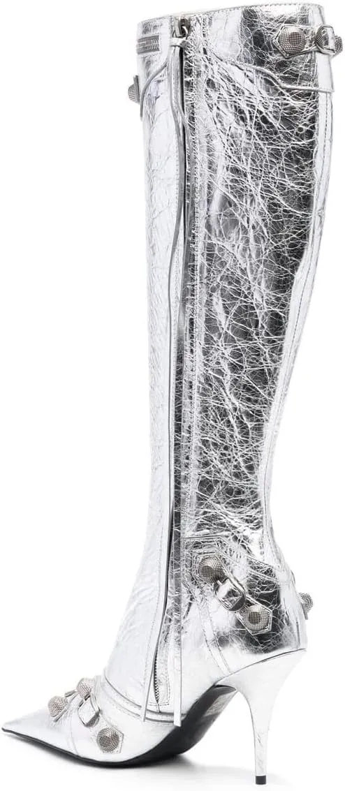 keleimusi Metal Studs Knee High Boots for Women Pointed Toe Heeled Ruffle Leather Shoes