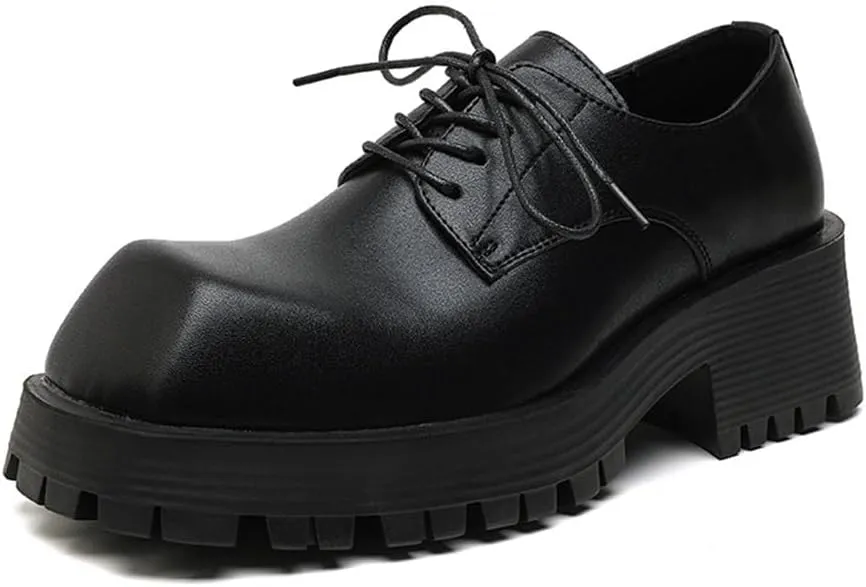 Kluolandi Square Toe Platform Loafers for Women Comfort Chunky Heel Lug Sole Booties Lace Up Black Goth Shoes