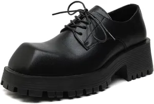 Kluolandi Square Toe Platform Loafers for Women Comfort Chunky Heel Lug Sole Booties Lace Up Black Goth Shoes