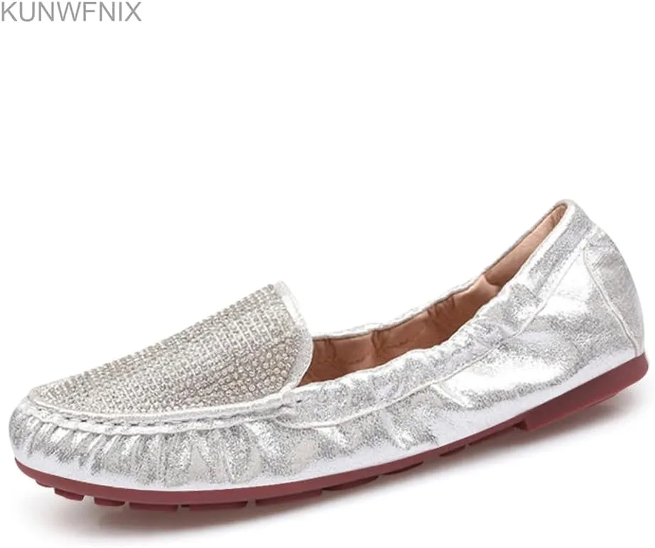 KUNWFNIX Women's Ballet Flats Crystal Wedding Ballerina Shoes Pointed Toe Pearl Diamond Low Heel Comfortable Dressy Work Business Dance Flats