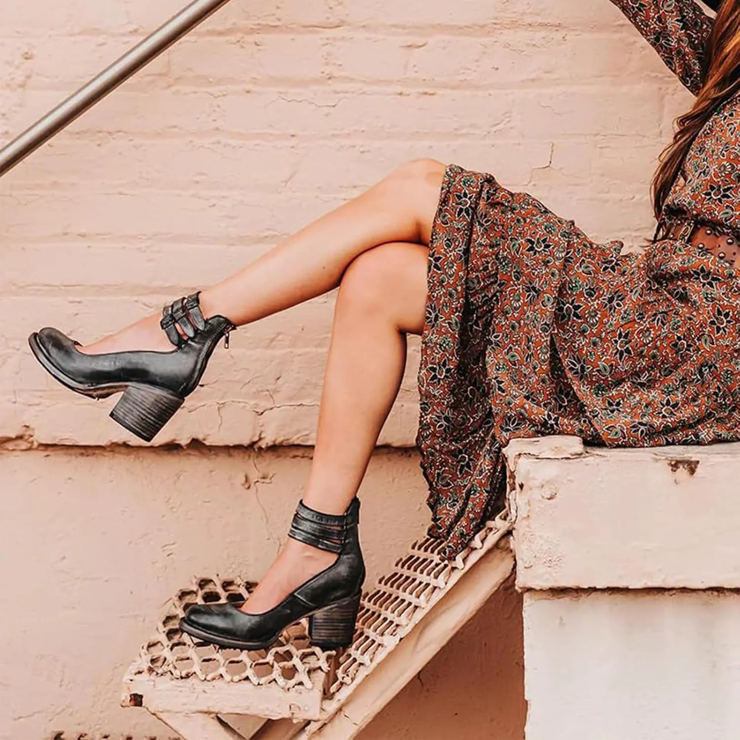 Leather Ankle Strap Block Heels for Women Round Toe Back Zipper Pumps for Women Vintage Round Toe Chunky Pumps