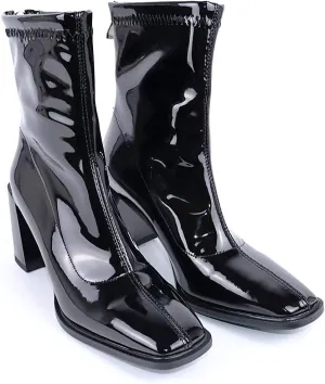 LEHOOR Women's Chunky Heel Ankle Boots Square Toe Back Zipper Patent Leather Mid Calf Booties High Block Heel Dress Mid Boots Casual Cute Winter Warm 4-11 M US