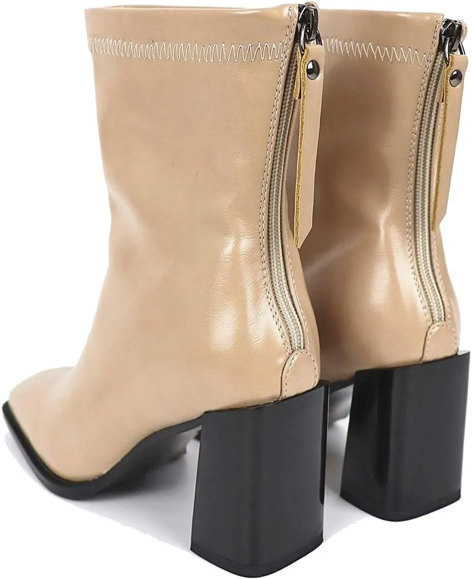 LEHOOR Women's Chunky Heel Ankle Boots Square Toe Back Zipper Patent Leather Mid Calf Booties High Block Heel Dress Mid Boots Casual Cute Winter Warm 4-11 M US