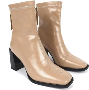 LEHOOR Women's Chunky Heel Ankle Boots Square Toe Back Zipper Patent Leather Mid Calf Booties High Block Heel Dress Mid Boots Casual Cute Winter Warm 4-11 M US