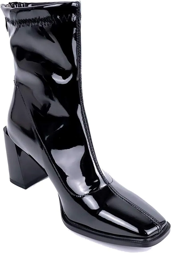 LEHOOR Women's Chunky Heel Ankle Boots Square Toe Back Zipper Patent Leather Mid Calf Booties High Block Heel Dress Mid Boots Casual Cute Winter Warm 4-11 M US