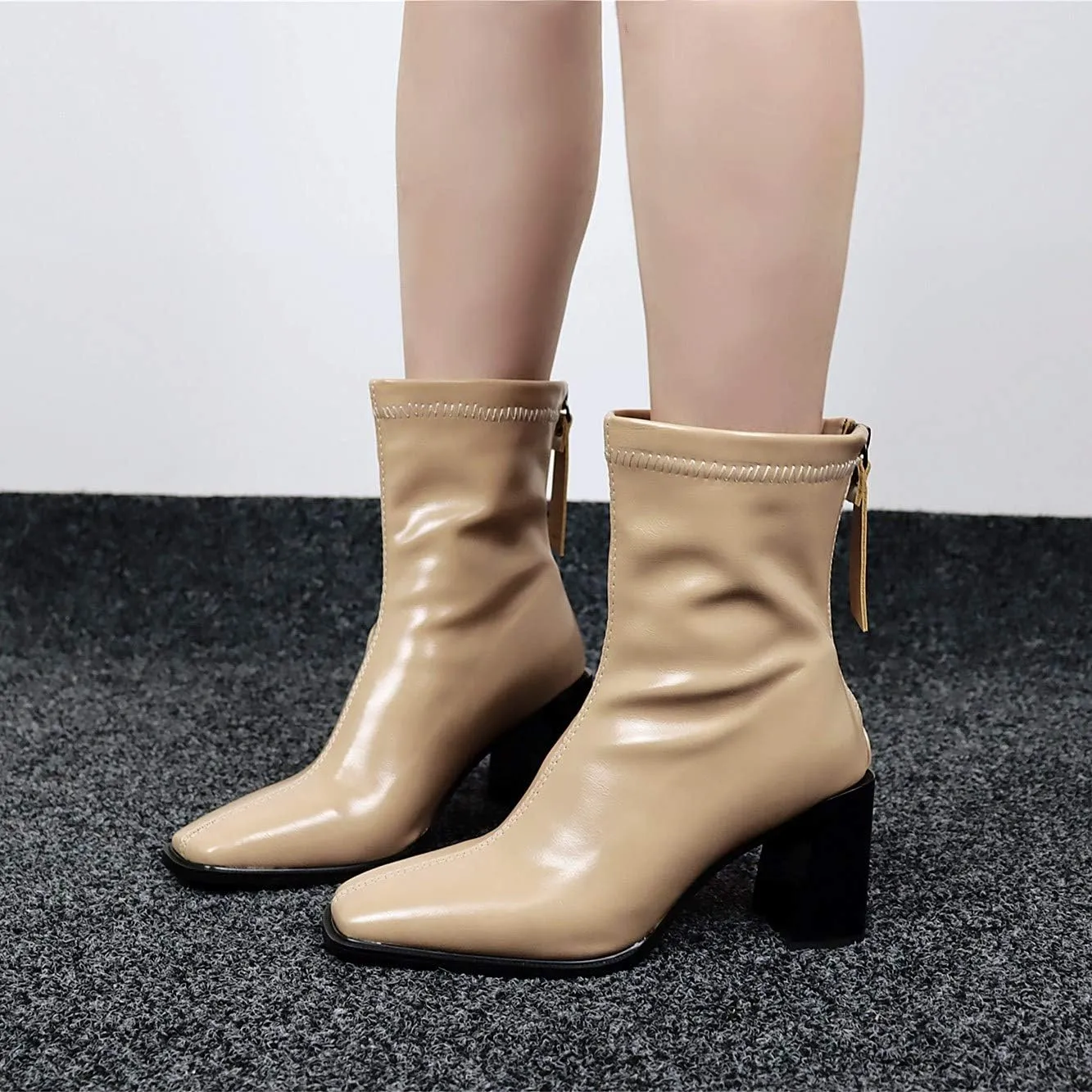 LEHOOR Women's Chunky Heel Ankle Boots Square Toe Back Zipper Patent Leather Mid Calf Booties High Block Heel Dress Mid Boots Casual Cute Winter Warm 4-11 M US