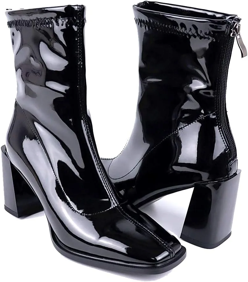 LEHOOR Women's Chunky Heel Ankle Boots Square Toe Back Zipper Patent Leather Mid Calf Booties High Block Heel Dress Mid Boots Casual Cute Winter Warm 4-11 M US