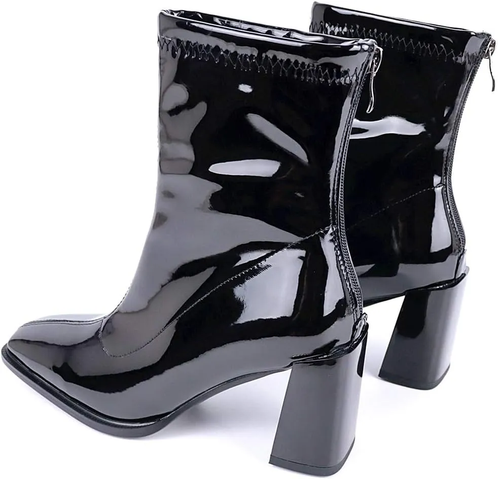 LEHOOR Women's Chunky Heel Ankle Boots Square Toe Back Zipper Patent Leather Mid Calf Booties High Block Heel Dress Mid Boots Casual Cute Winter Warm 4-11 M US