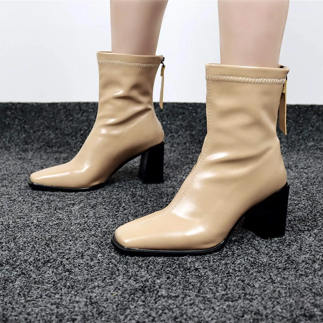 LEHOOR Women's Chunky Heel Ankle Boots Square Toe Back Zipper Patent Leather Mid Calf Booties High Block Heel Dress Mid Boots Casual Cute Winter Warm 4-11 M US