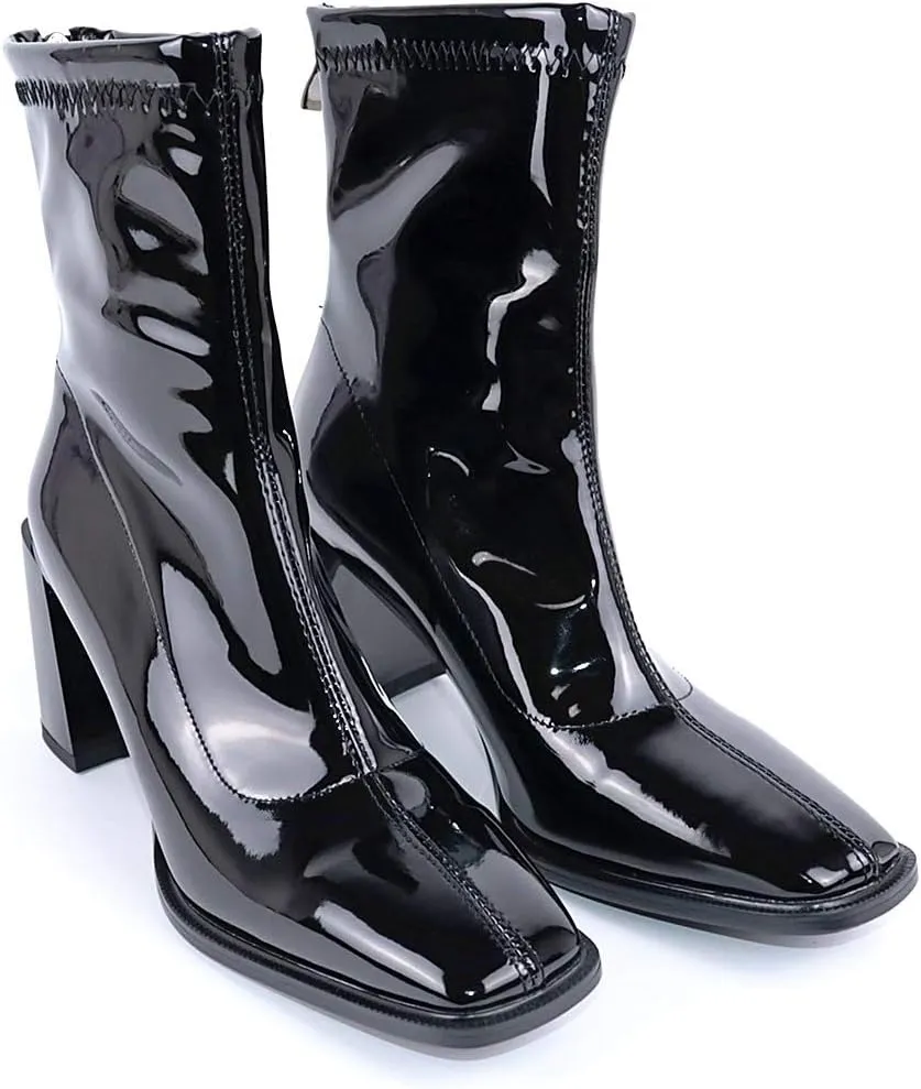 LEHOOR Women's Chunky Heel Ankle Boots Square Toe Back Zipper Patent Leather Mid Calf Booties High Block Heel Dress Mid Boots Casual Cute Winter Warm 4-11 M US