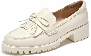 Loafers for Women Handmade Calfskin Tassel Loafers for Women - Genuine Cow Leather Slip-On Flats with Bow-Knot Round Toe Spring Autumn Footwear
