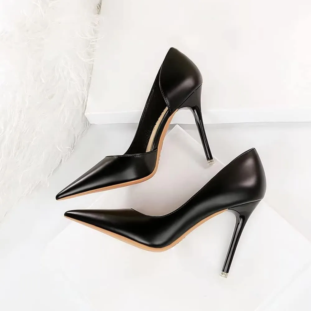 LUXINYU,Women Pointed Toe Heels Fashion Solid Stiletto Ladies Pumps Sexy Side Cutout Glossy Patent Leather Comfort Work Heeled Dress Shoes