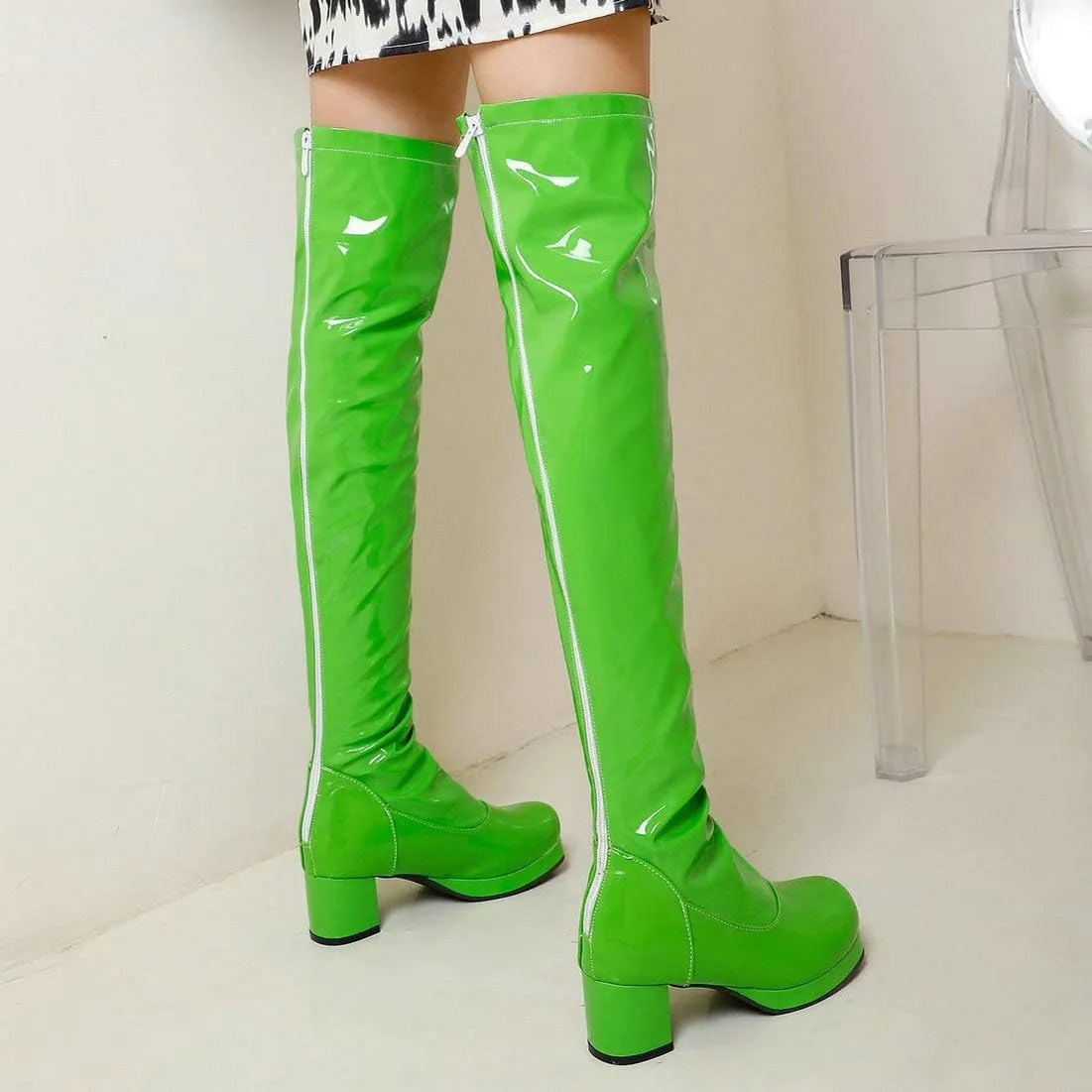 MAVMAX Women's Patent Leather Over The Knee Boots Block Heels Full Zip Thigh High Boots
