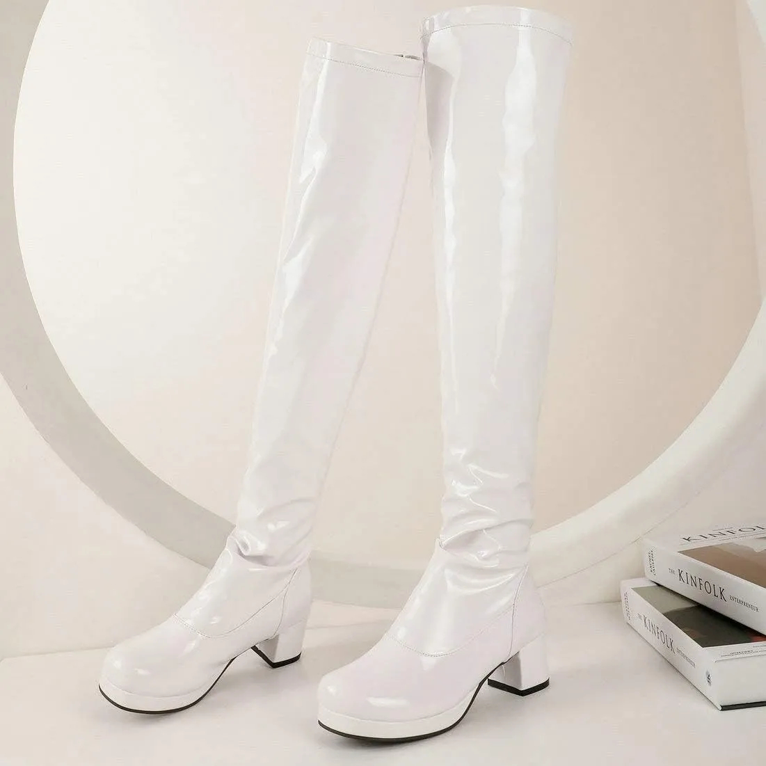 MAVMAX Women's Patent Leather Over The Knee Boots Block Heels Full Zip Thigh High Boots