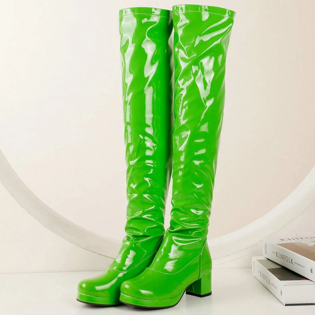 MAVMAX Women's Patent Leather Over The Knee Boots Block Heels Full Zip Thigh High Boots