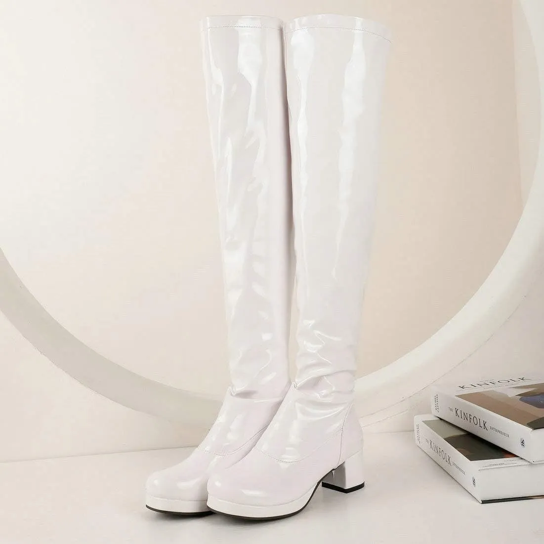 MAVMAX Women's Patent Leather Over The Knee Boots Block Heels Full Zip Thigh High Boots