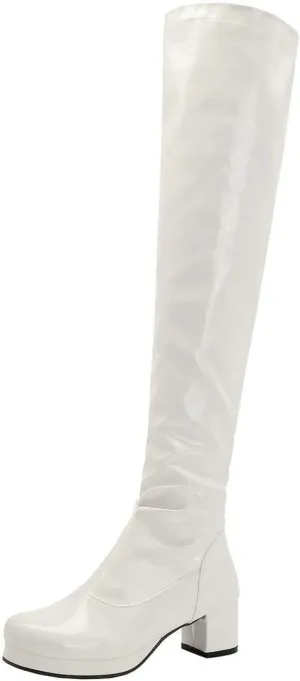 MAVMAX Women's Patent Leather Over The Knee Boots Block Heels Full Zip Thigh High Boots