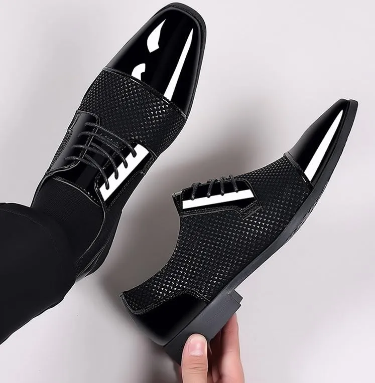 Men's Breathable Comfortable Business Lace Up Oxford Shoes Mens Patent Leather Formal Dress Shoes Luxury Pointed Toe Casual Derby Shoes