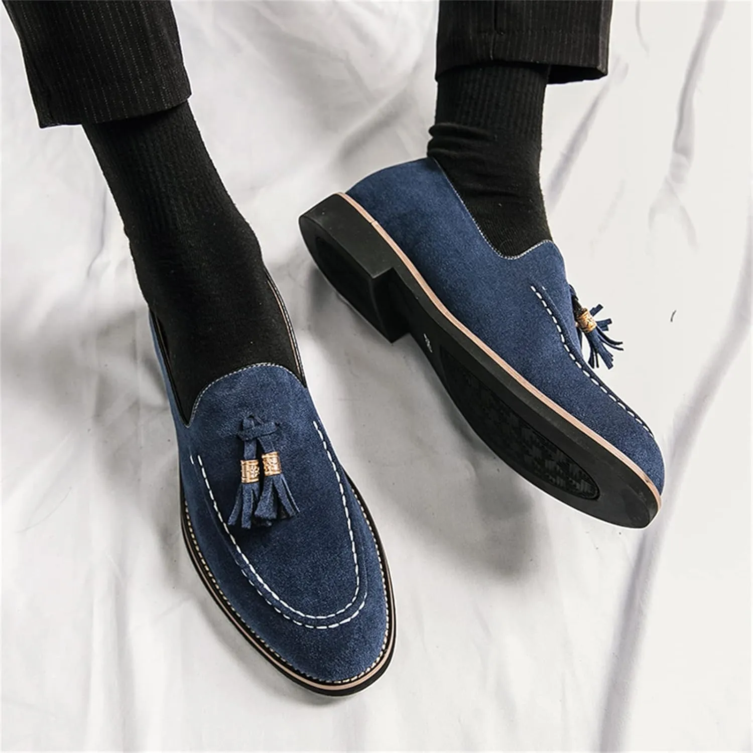 Mens Faux Suede Tasseled Leather Slip On Loafers,Casual Business Dress Shoes British Retro Moccasin Driving Shoes