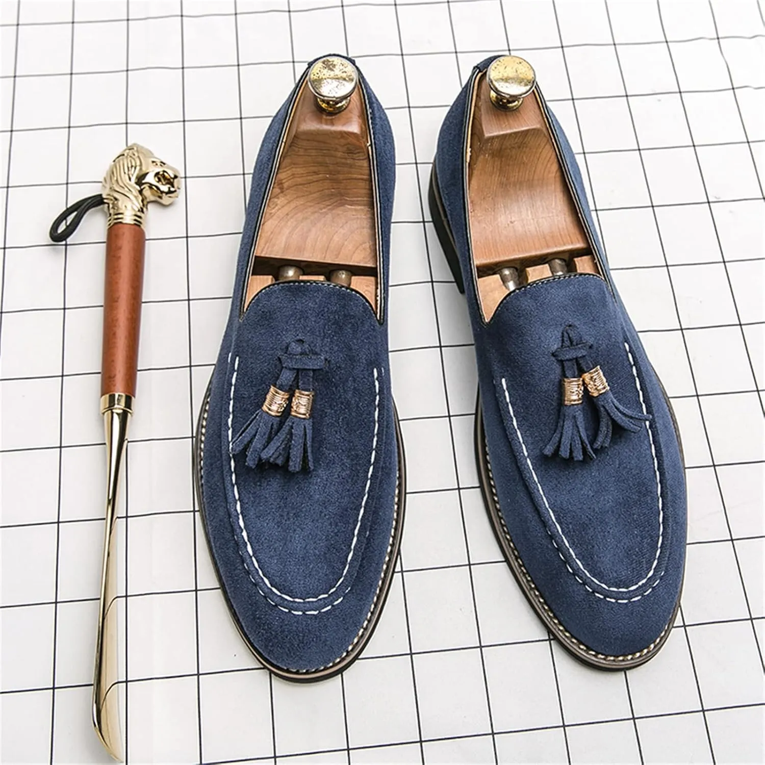 Mens Faux Suede Tasseled Leather Slip On Loafers,Casual Business Dress Shoes British Retro Moccasin Driving Shoes