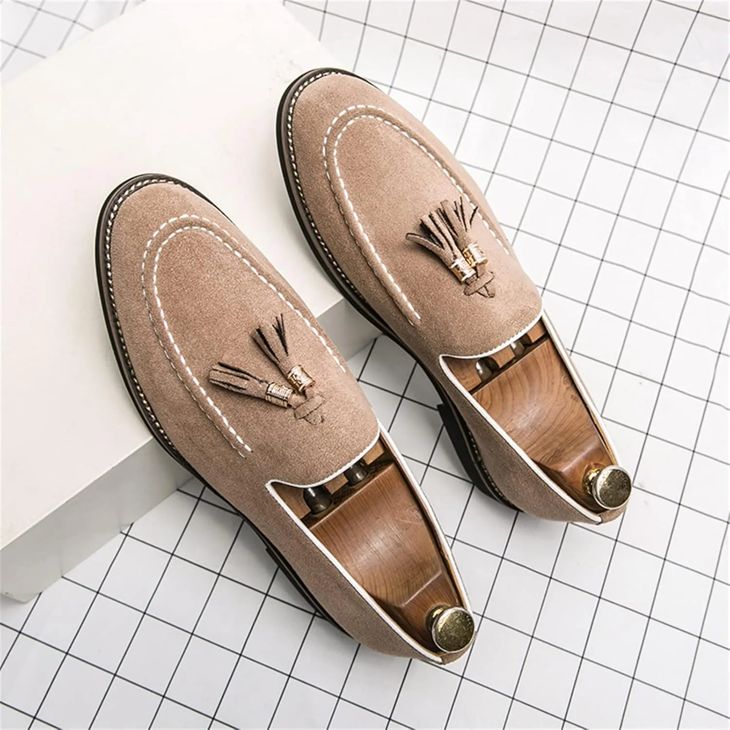 Mens Faux Suede Tasseled Leather Slip On Loafers,Casual Business Dress Shoes British Retro Moccasin Driving Shoes
