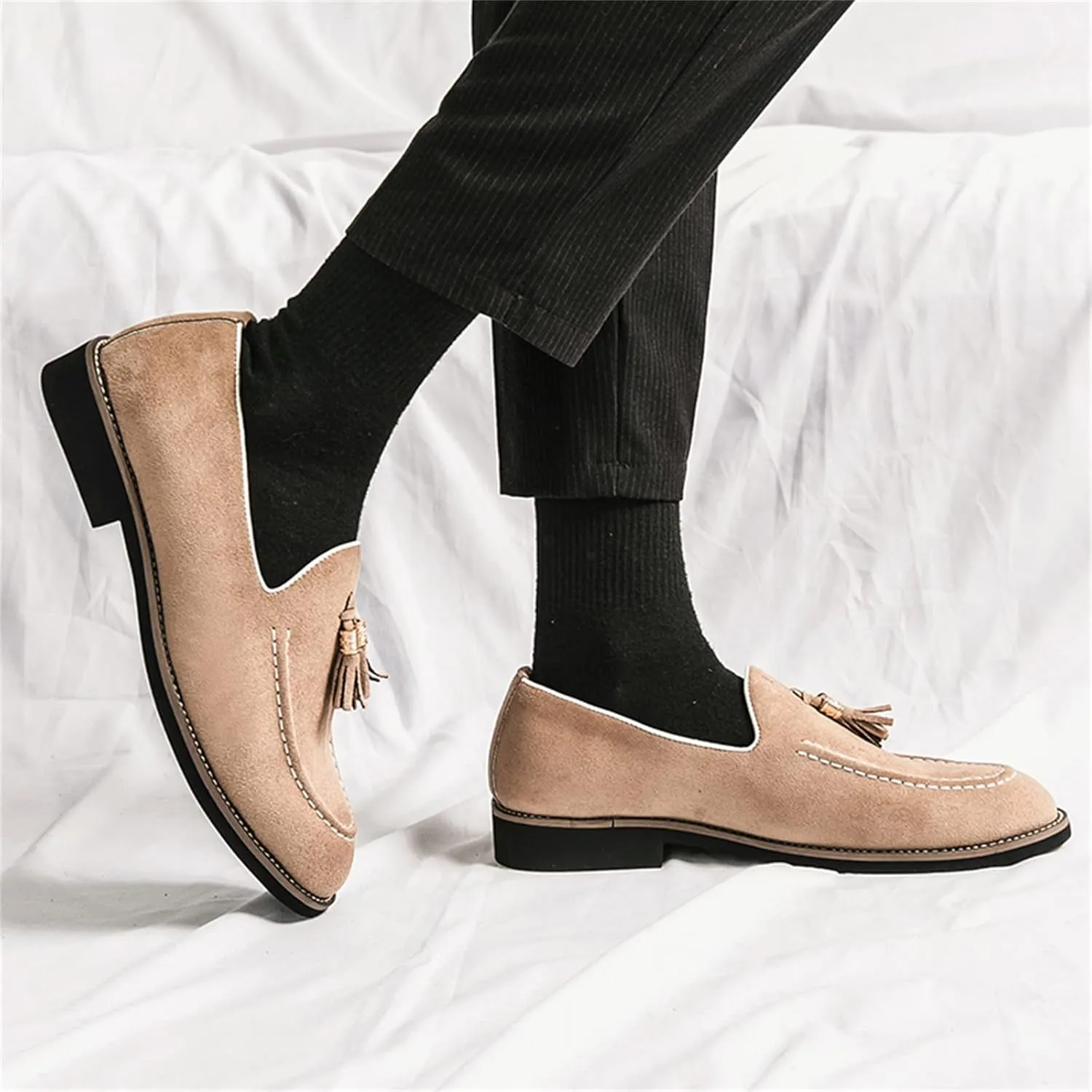 Mens Faux Suede Tasseled Leather Slip On Loafers,Casual Business Dress Shoes British Retro Moccasin Driving Shoes