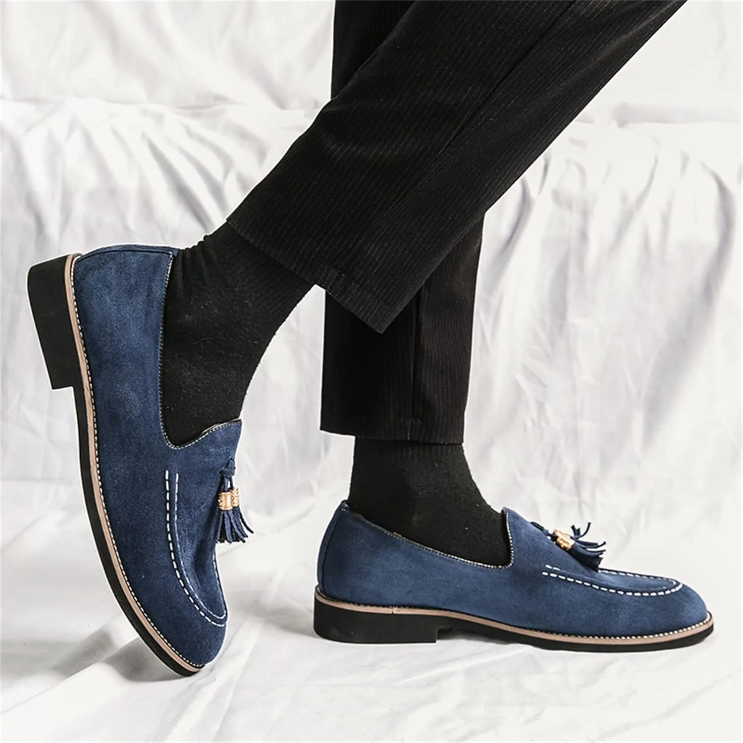 Mens Faux Suede Tasseled Leather Slip On Loafers,Casual Business Dress Shoes British Retro Moccasin Driving Shoes
