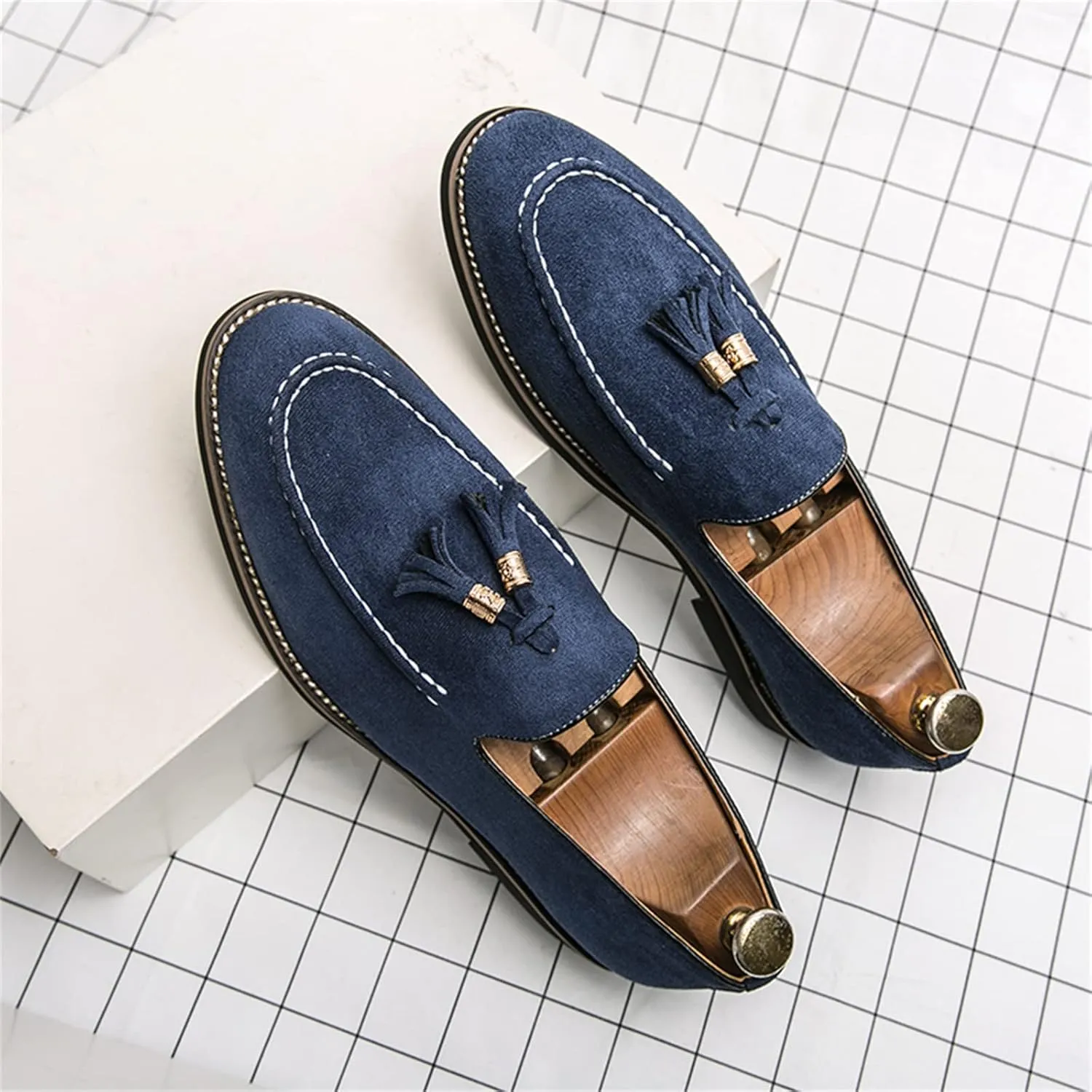 Mens Faux Suede Tasseled Leather Slip On Loafers,Casual Business Dress Shoes British Retro Moccasin Driving Shoes