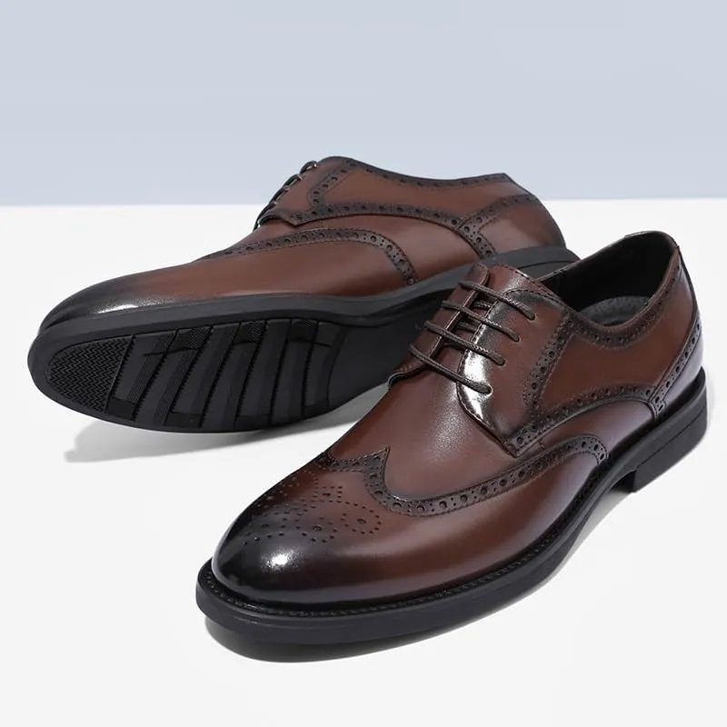 Men's Formal Brogue Shoes - Lace-Up Wingtip, Burnished Toe, Vegan Leather, Slip-Resistant Low Top Dress Shoes for Prom & Business