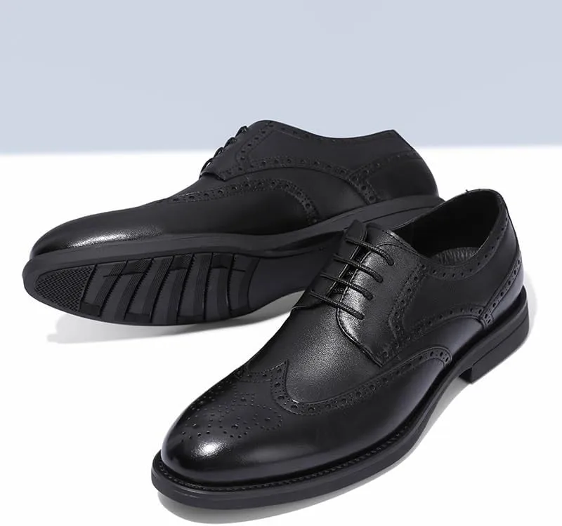 Men's Formal Brogue Shoes - Lace-Up Wingtip, Burnished Toe, Vegan Leather, Slip-Resistant Low Top Dress Shoes for Prom & Business