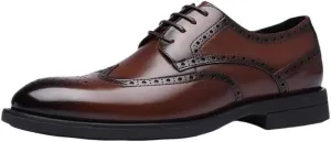 Men's Formal Brogue Shoes - Lace-Up Wingtip, Burnished Toe, Vegan Leather, Slip-Resistant Low Top Dress Shoes for Prom & Business