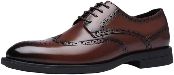 Men's Formal Brogue Shoes - Lace-Up Wingtip, Burnished Toe, Vegan Leather, Slip-Resistant Low Top Dress Shoes for Prom & Business