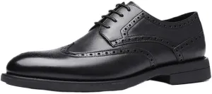Men's Formal Brogue Shoes - Lace-Up Wingtip, Burnished Toe, Vegan Leather, Slip-Resistant Low Top Dress Shoes for Prom & Business