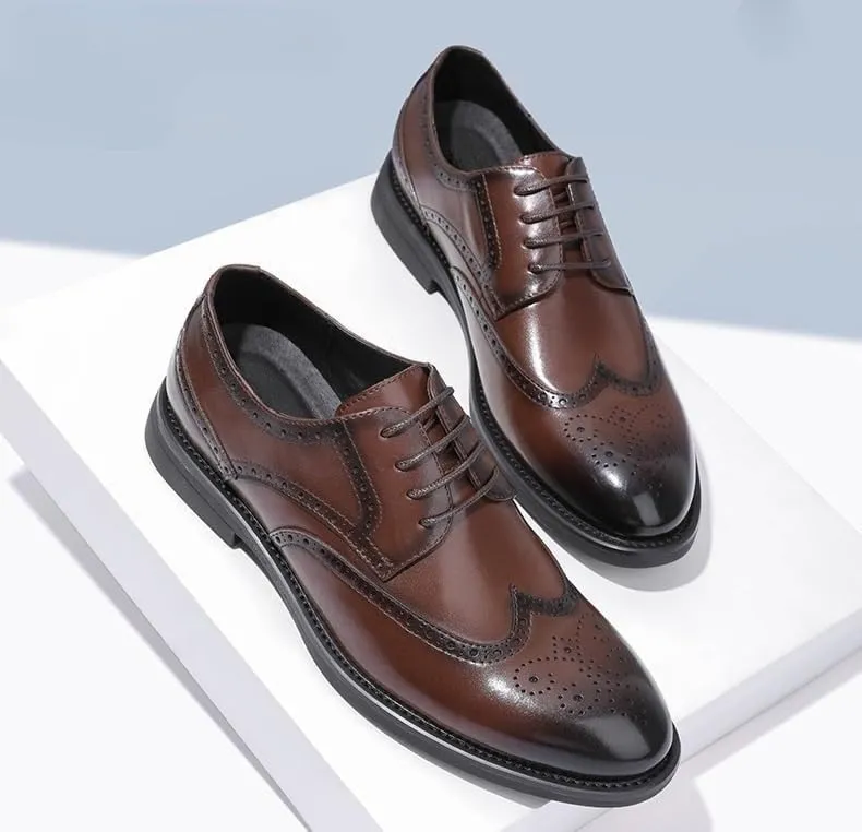 Men's Formal Brogue Shoes - Lace-Up Wingtip, Burnished Toe, Vegan Leather, Slip-Resistant Low Top Dress Shoes for Prom & Business