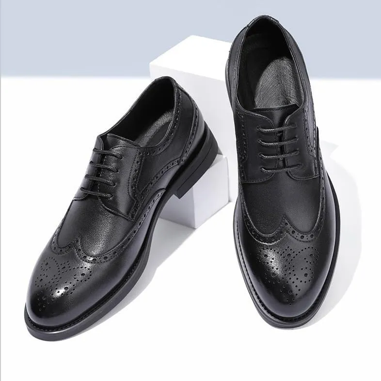 Men's Formal Brogue Shoes - Lace-Up Wingtip, Burnished Toe, Vegan Leather, Slip-Resistant Low Top Dress Shoes for Prom & Business