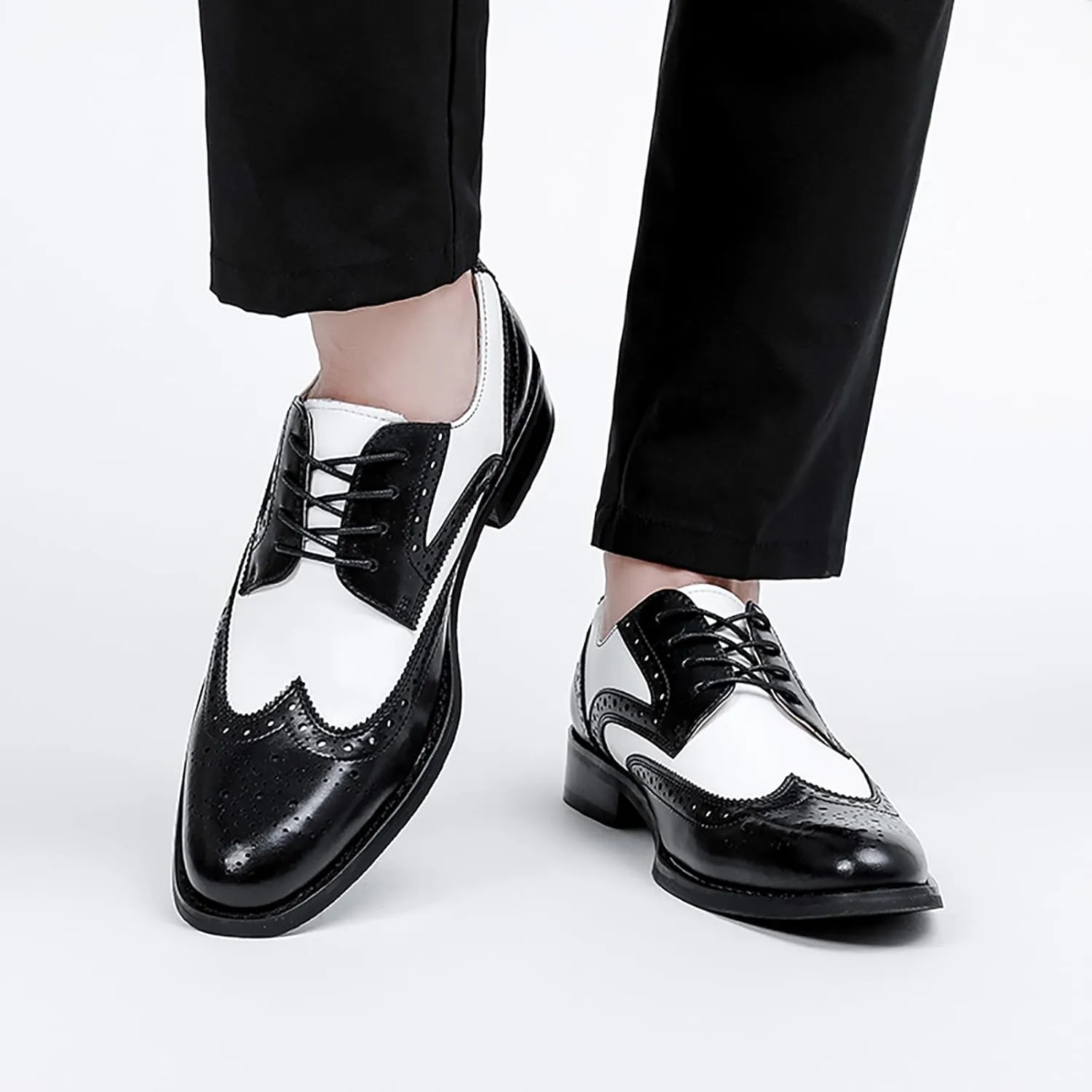 Men's Genuine Leather Brogue Shoes, British Black and White Wingtip Derby Dress Shoes