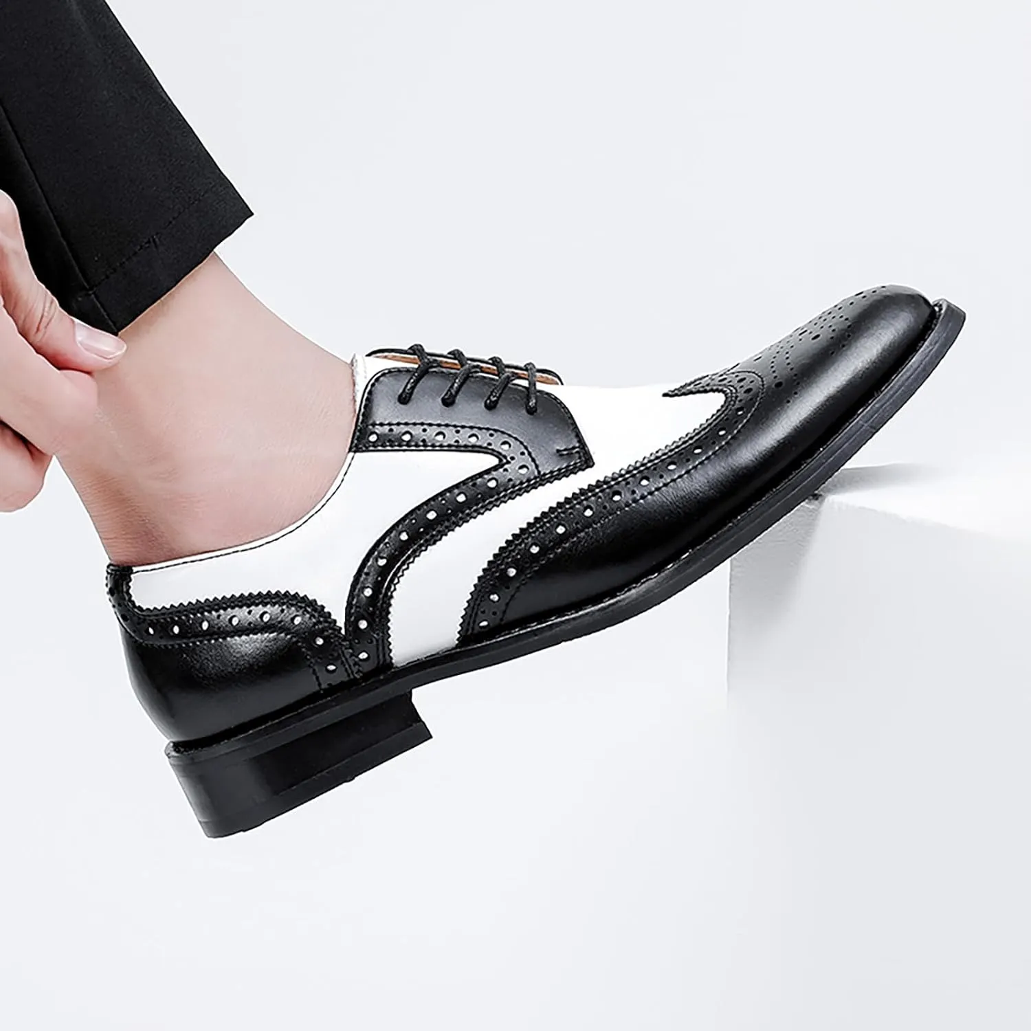Men's Genuine Leather Brogue Shoes, British Black and White Wingtip Derby Dress Shoes