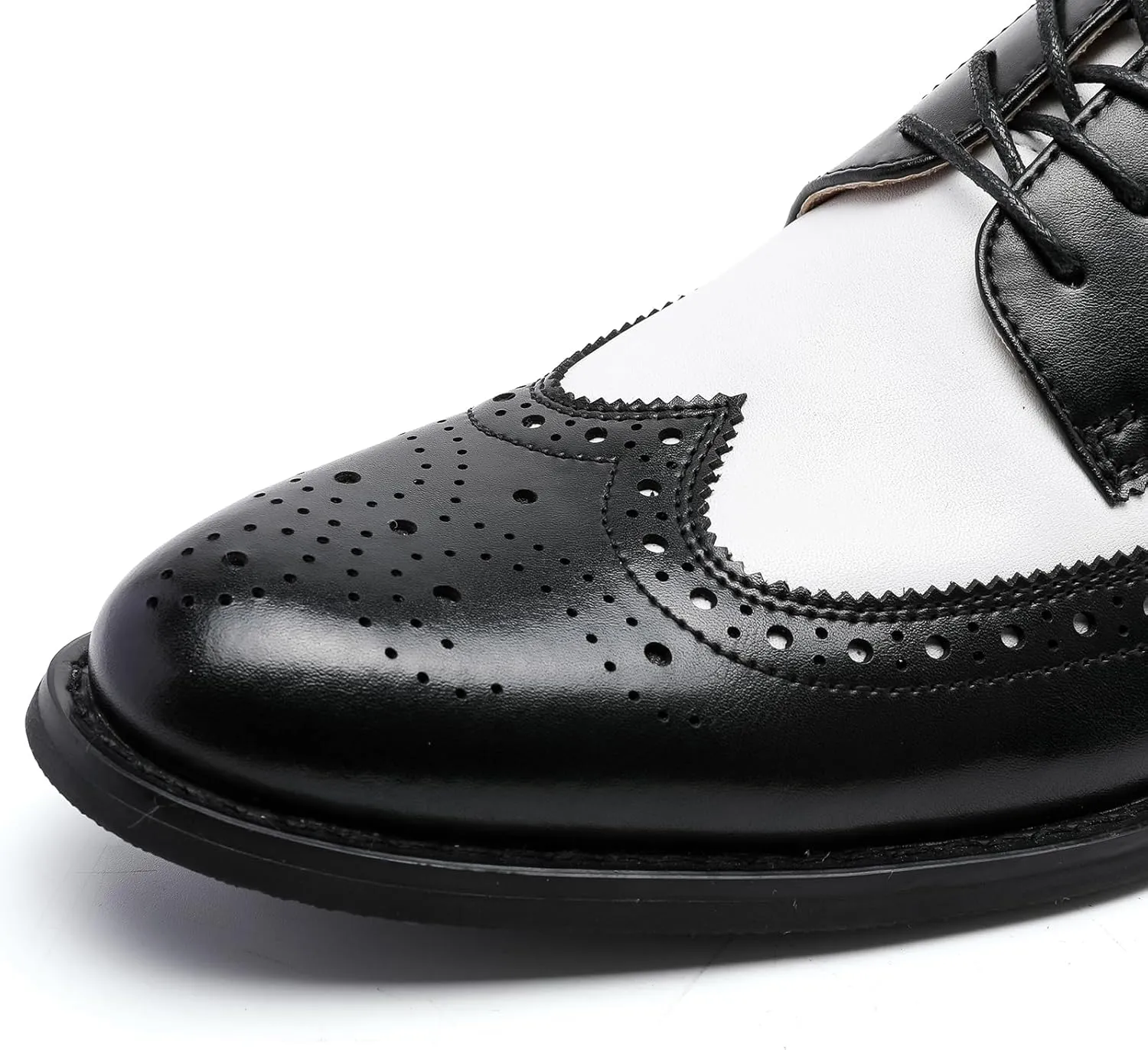 Men's Genuine Leather Brogue Shoes, British Black and White Wingtip Derby Dress Shoes