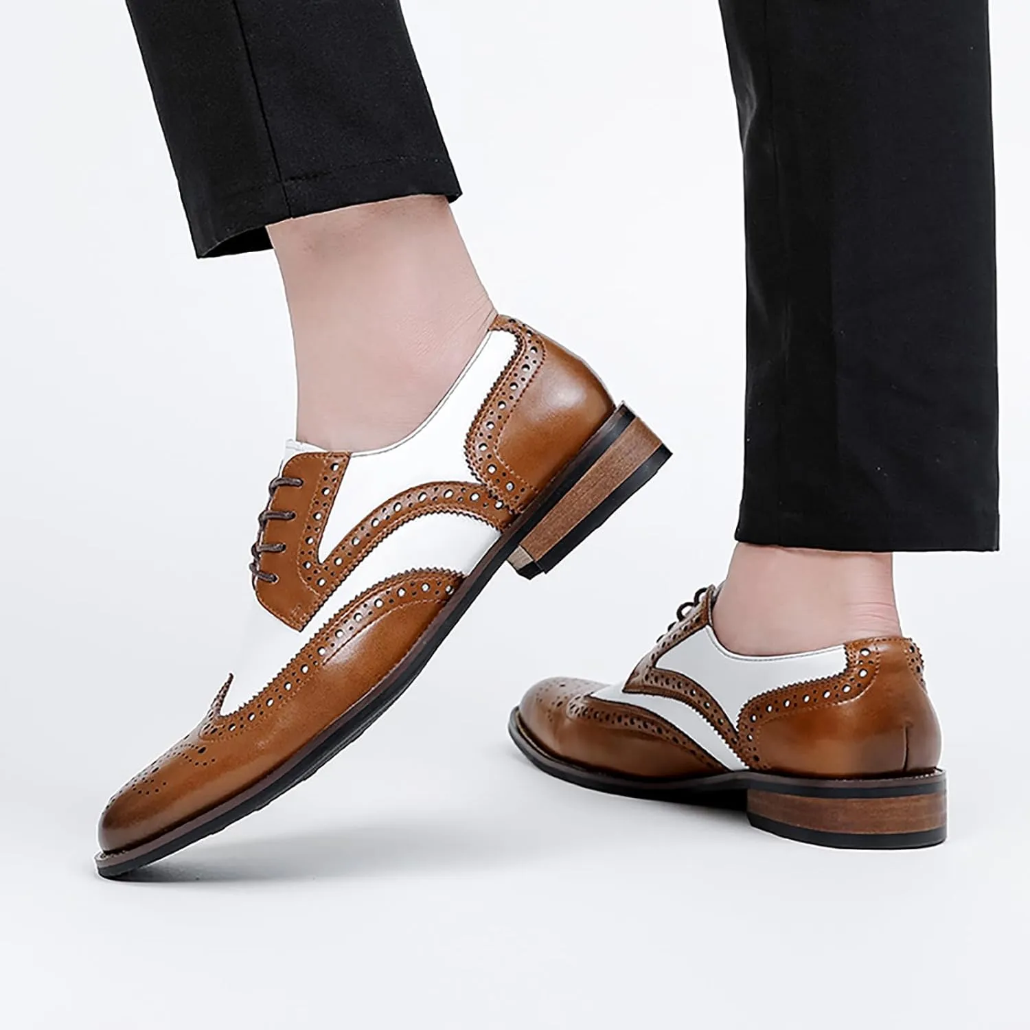 Men's Genuine Leather Brogue Shoes, British Black and White Wingtip Derby Dress Shoes