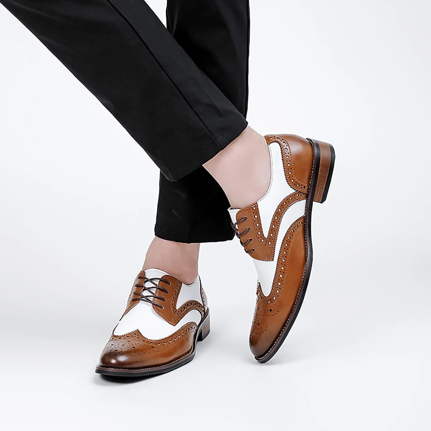 Men's Genuine Leather Brogue Shoes, British Black and White Wingtip Derby Dress Shoes
