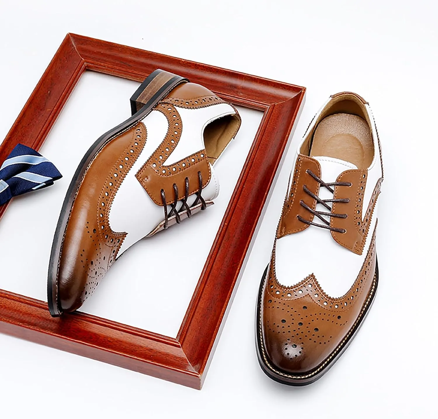 Men's Genuine Leather Brogue Shoes, British Black and White Wingtip Derby Dress Shoes
