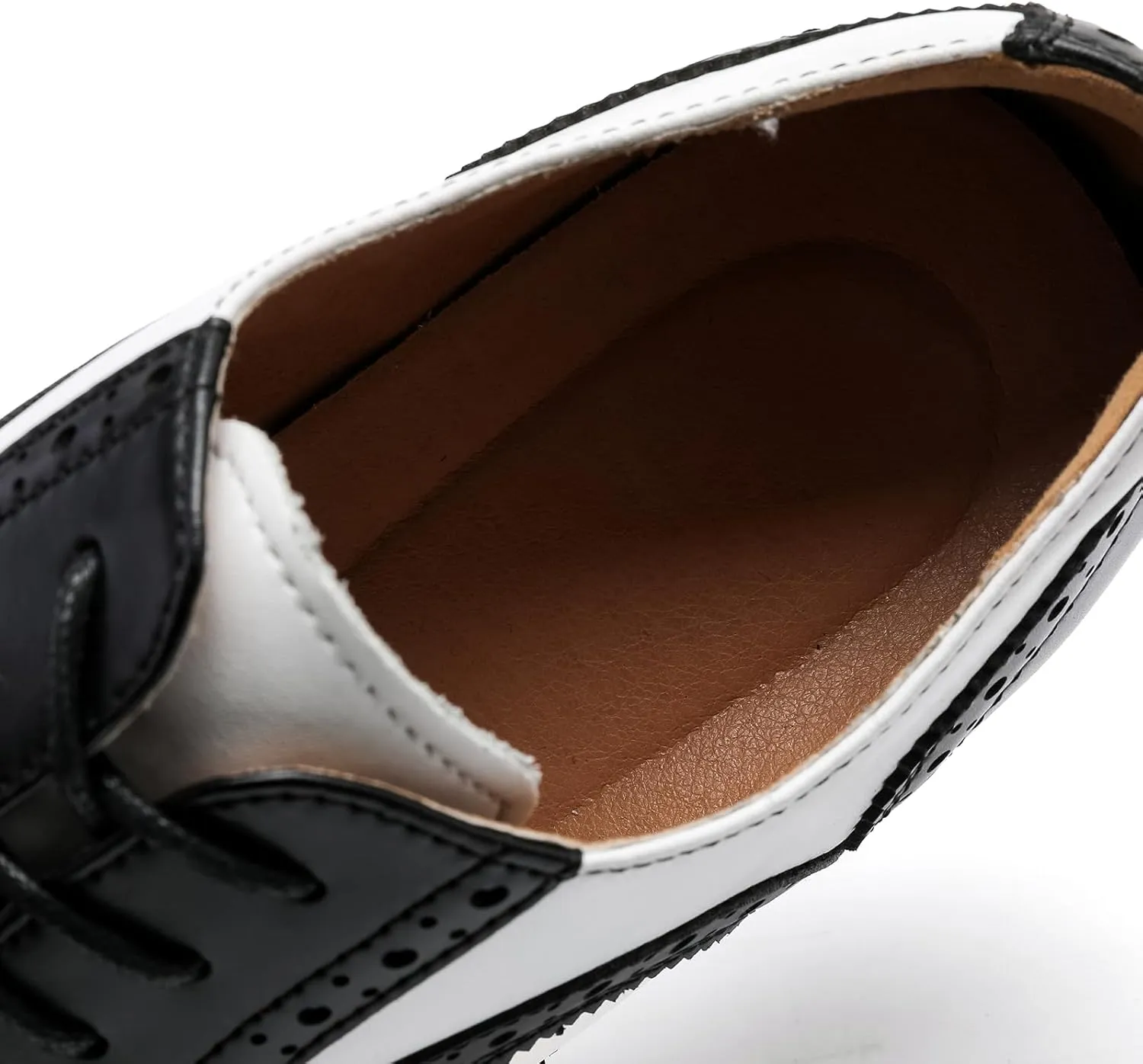 Men's Genuine Leather Brogue Shoes, British Black and White Wingtip Derby Dress Shoes