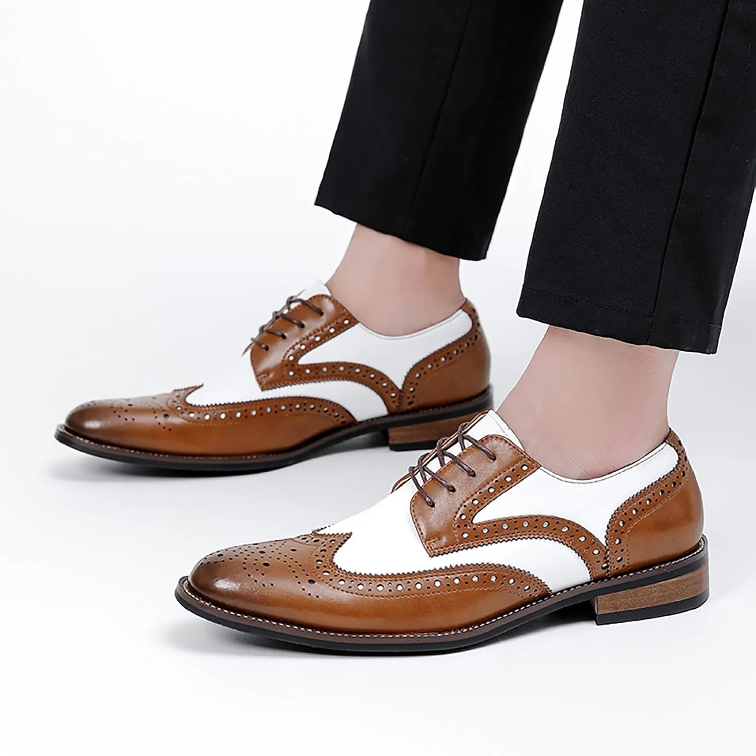 Men's Genuine Leather Brogue Shoes, British Black and White Wingtip Derby Dress Shoes