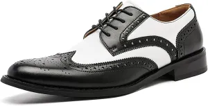 Men's Genuine Leather Brogue Shoes, British Black and White Wingtip Derby Dress Shoes