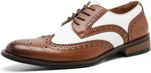 Men's Genuine Leather Brogue Shoes, British Black and White Wingtip Derby Dress Shoes