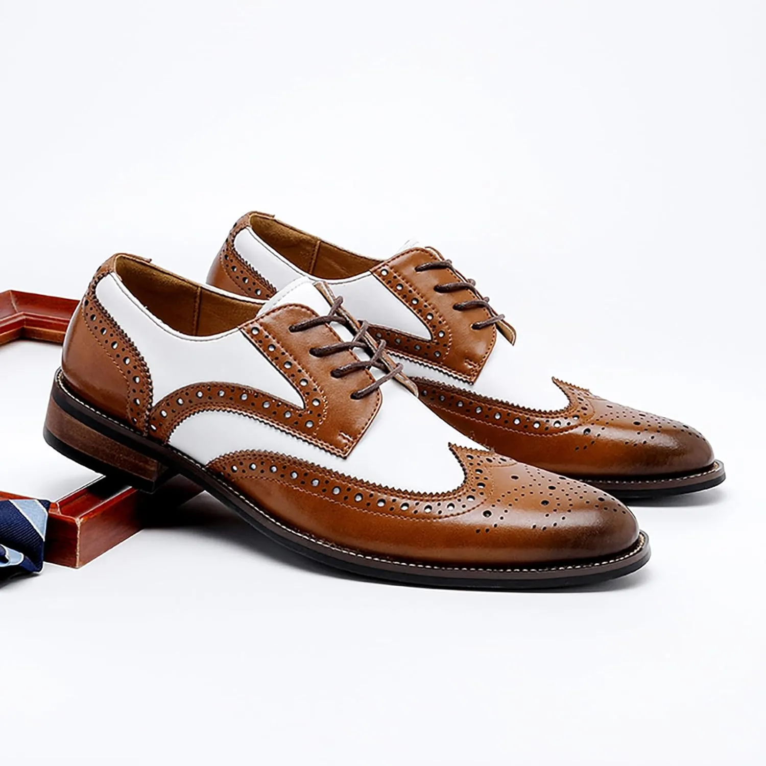 Men's Genuine Leather Brogue Shoes, British Black and White Wingtip Derby Dress Shoes