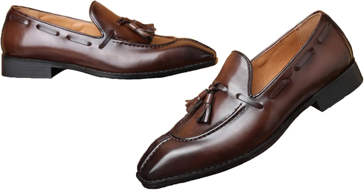 Men's Leather Tassel Dress Loafers Vintage Square Toe Slip-On Oxford Dress Shoes