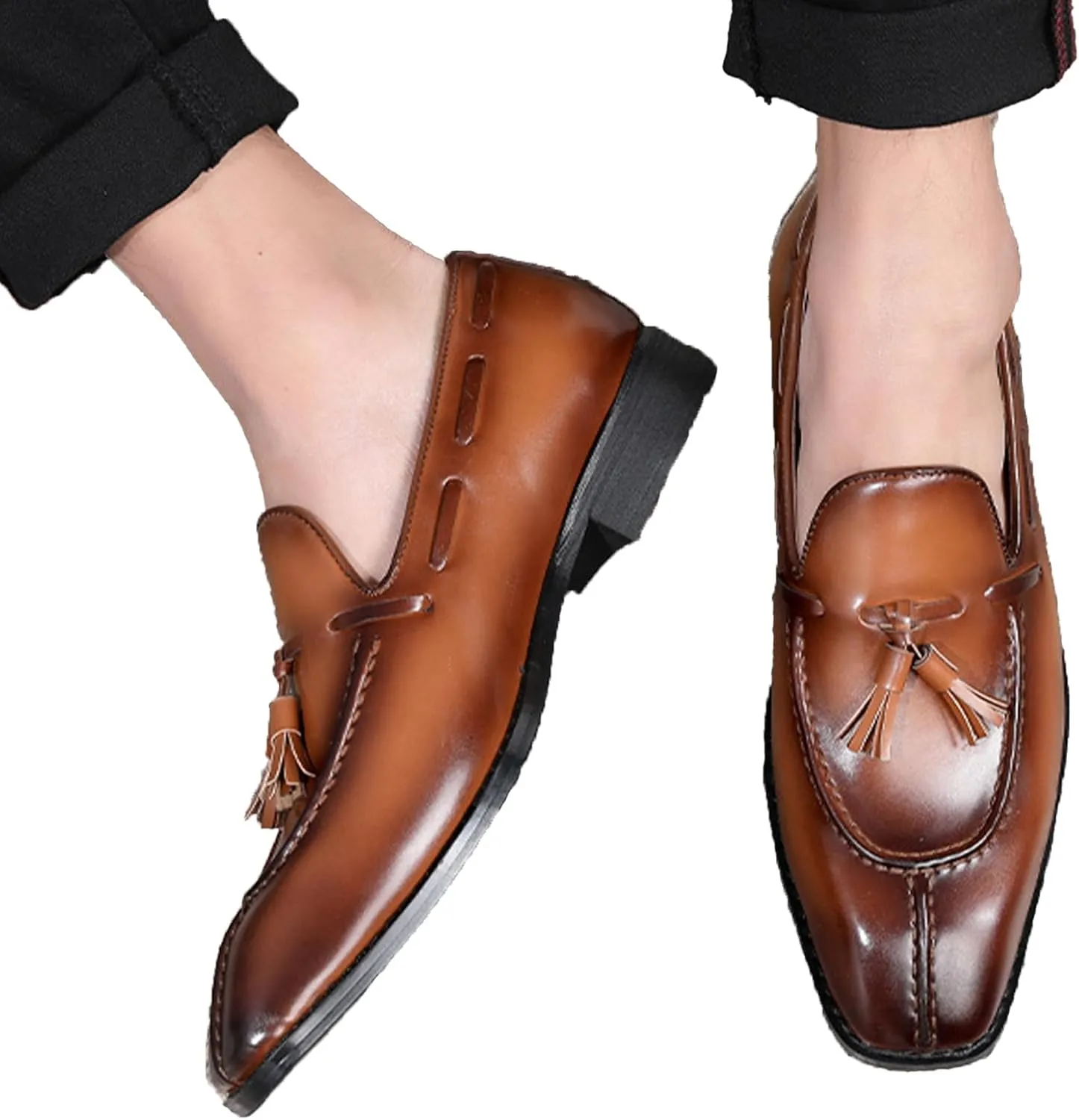 Men's Leather Tassel Dress Loafers Vintage Square Toe Slip-On Oxford Dress Shoes